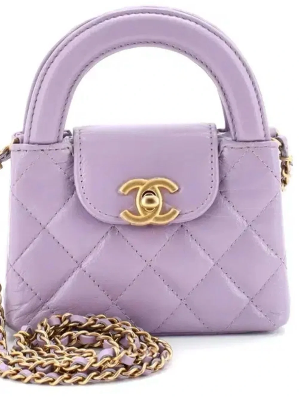 CHANEL 2025 Nano Kelly NWTs Lavender Quilted Mini Top Handle Bag with Gold CC